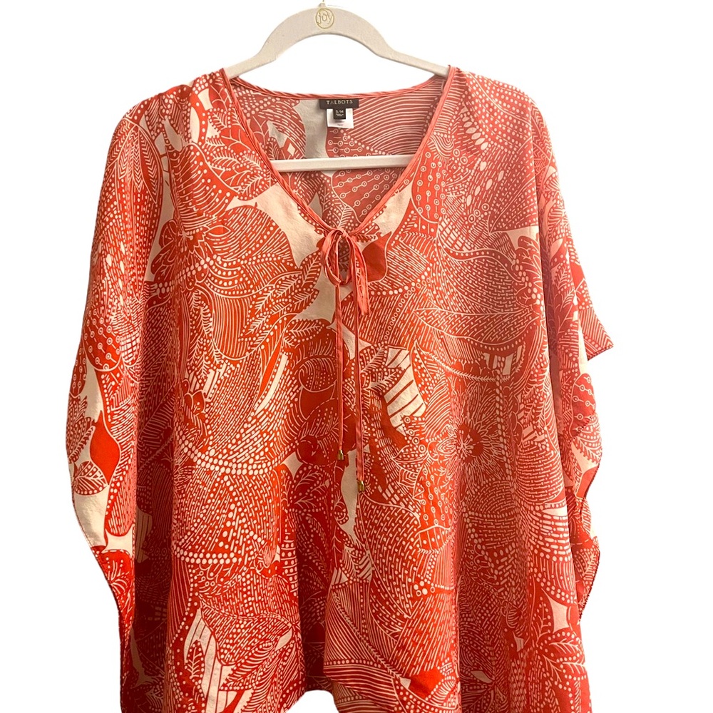 Talbots 100% Silk Orange White Tropical Floral Blouse Top Small Medium